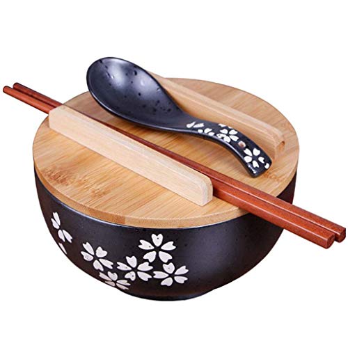 XXJ-Tazones Cuenco de Fideos instantáneos de cerámica Negra de Estilo japonés con Palillos de Cuchara de Tapa, tazón de cerámica, tazón Retro Cuenco de Sopa Cuenco de arroz, tazón Redondo Multiusos