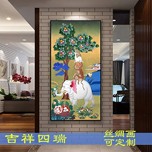 XYFL Auspicioso Cuatro Suizos Retrato Seda Pintura En Pergamino Nueva Pintura Decorativa China Y 睦 Bendición Thangka Que Se Ha Instalado Se Puede Personalizar,45X100cm