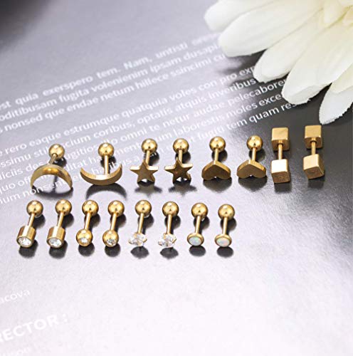 Yadoca 8 Pares 18G Acero Quirúrgico Pendientes Mujer Acero Quirúrgico Imitación Piercing Orejas Cartílago de Joya Zirconita Helix Set Pendientes Plata Oro Rosa Oro - Oro