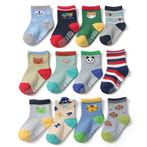 Yafane 12 Pares de Calcetines Antideslizantes para Niños Pequeños Algodón Lindo con Puños Calcetines Antideslizantes para Bebés (Color A, 1-3 años)