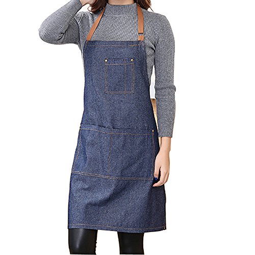 YAKEFJ Delantal de mezclilla con bolsillo ajustable Denim Jean delantal de cocina con 3 bolsillos para mujeres y hombres, Vaquero, Denim, 71×65cm