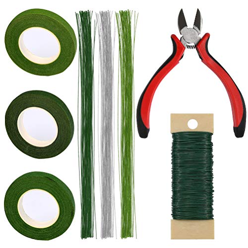 YANSHON Cintas Florales Hilo Floral Florista Tallo 26 Calibre Set 8pcs, Cinta Verde Florista Cintas Tallo Cinta de Cinta Verde Guta percha con Estilos de Cinta 1/2, 22# Paleta de Alambre Verde e Pinza