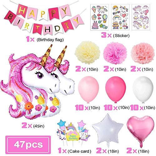 Yansion Unicornio Fiesta Decoración Unicornio cumpleaños Supplies,47 Piezas cumpleaños con 1 Banner,2 Enorme Unicornio Globos,30 Globos,6 Flores de Papel,Girls Boy Kids Fiesta de cumpleaños