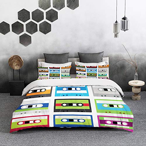 Yaoni Bedding Juego de Funda de Edredón - Composición de los Cassettes de Audio de plástico Retro, Tema de Entretenimiento de t/Microfibra Funda de Nórdico y Fundas de Almohada - (Cama 150 x 200cm)