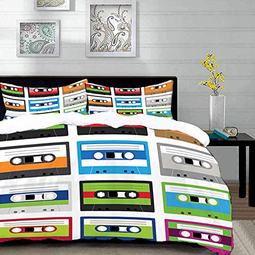 Yaoni Bedding Juego de Funda de Edredón - Composición de los Cassettes de Audio de plástico Retro, Tema de Entretenimiento de t/Microfibra Funda de Nórdico y Fundas de Almohada - (Cama 150 x 200cm)