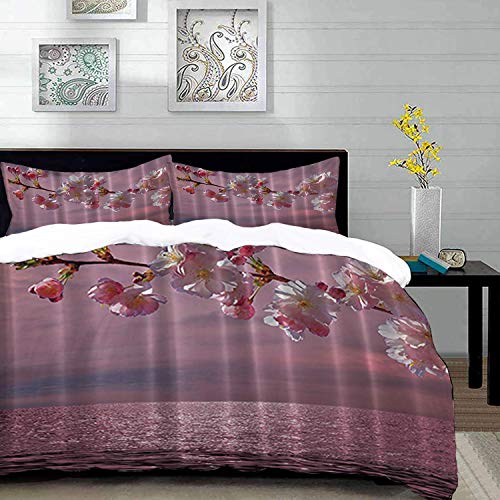 Yaoni Bedding Juego de Funda de Edredón - Rosa, Panorámica Impresionista Balinés Vistas al mar Paisaje, Saliendo Orquídeas Flor/Microfibra Funda de Nórdico y Fundas de Almohada - (Cama 220 x 240cm)