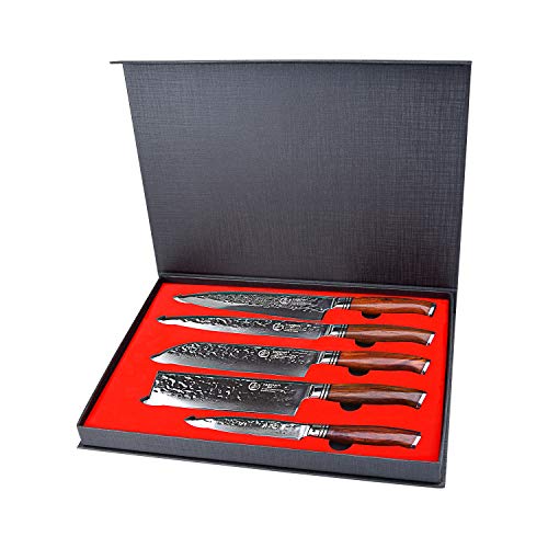 YARENH Cuchillo de Cocina Profesional,Set Cuchillos Cocina de Acero Damasco Japones con 5 Piezas,Mango de Madera Dalbergia,Cuchillos de Chef Marcas Ultra Filoso HTT-Serie