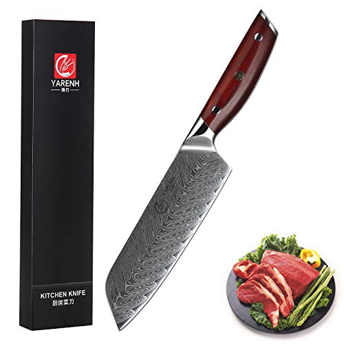 YARENH Cuchillo Santoku Damasco 18 cm - Cuchillos de Cocina Profesionales de Acero de Japoneses Damasco & Mango de Madera Dalbergia,Cuchillo de Chef Profesional KTF-Serie