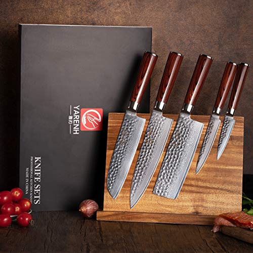 YARENH Juego de Cuchillos de Cocina 5 Piezas,Set Cuchillos Cocina Profesional de Acero Damasco Japones,Mango de Madera Pakka,Cuchillo de Chef Ultra Filoso HYZ-Serie