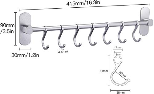 Yareta Colgador Utensilios Cocina con 7 Ganchos, Soporte Utensilios Cocina con Pegamento Patentado, Aluminio, Acabado Mate, 40CM (Plata)