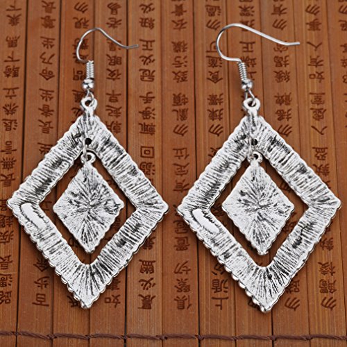 YAZILIND tibetano plata aleacion doble rombos anzuelo aretes mujeres ninas regalo (plata)