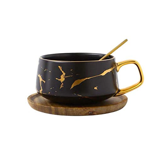 YBK Tech - Juego de tazas de té de porcelana para té de la tarde, diseño de mármol, porcelana, negro, Short 300ml + bamboo saucer