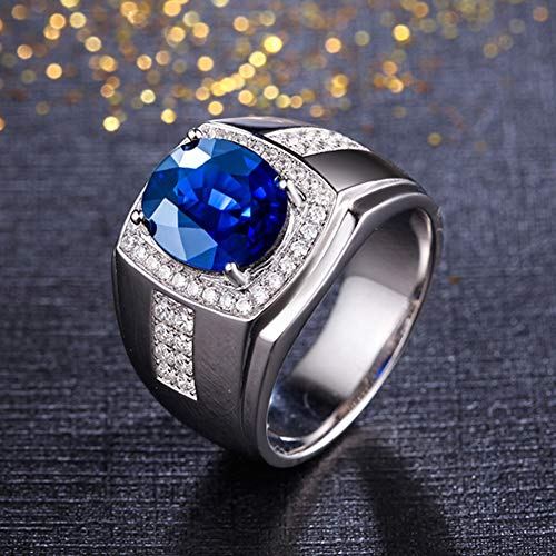 YCGEMS Solitario de 13 mm para Hombre Anillo de Compromiso clásico de Bodas con Zafiro Azul Real de 1,45 CT, Anillo de Diamante en Oro Blanco de 18 k con Relleno,J1/2