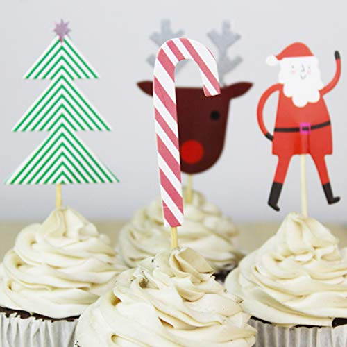 YeahiBaby 24 UNIDS Navidad Cupcake Toppers Pastel Decoraciones árbol de Navidad Papá Noel Reno Bastones de Caramelo Selecciones de la Torta Fiesta de Navidad Favores