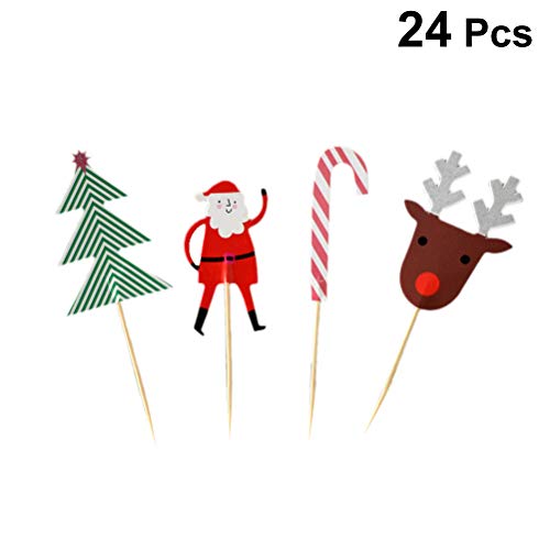 YeahiBaby 24 UNIDS Navidad Cupcake Toppers Pastel Decoraciones árbol de Navidad Papá Noel Reno Bastones de Caramelo Selecciones de la Torta Fiesta de Navidad Favores