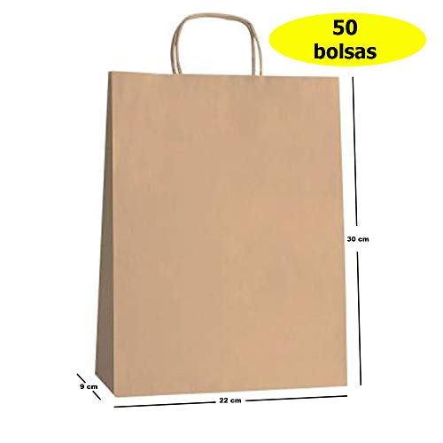 Yearol K10 50 Bolsas papel kraft marron con asa rizada. 30 * 22 * 9 Especial para regalo, comunion, eventos, bodas, cumpleaños, comercio, compra, venta, manualidades, embalaje, transporte. Base plana