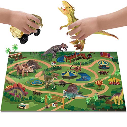 Yeelan Set de Figuras de Juguete de Dinosaurio con Tapete de Juego y Autos, Juego de Dragón Dino World Dragon con Tapete de Alfombra, Juguetes Educativos para Niños