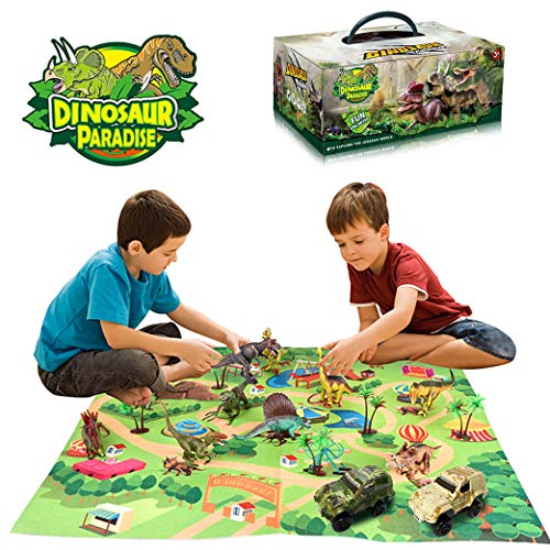 Yeelan Set de Figuras de Juguete de Dinosaurio con Tapete de Juego y Autos, Juego de Dragón Dino World Dragon con Tapete de Alfombra, Juguetes Educativos para Niños