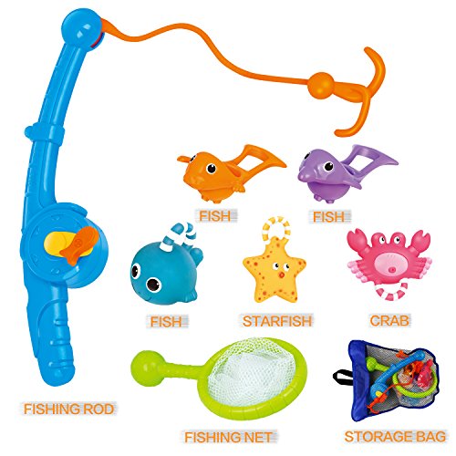 YeoNational Toys Juguetes de Baño, Juguetes de Pesca y Cuchara de Agua Flotantes con Bolsa Organizadora, Muñecos de Goma Blanditos para Apretar y Lanzar Agua Juego de Caña y Red para Bañera o Piscina