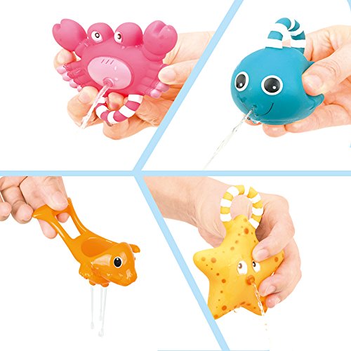 YeoNational Toys Juguetes de Baño, Juguetes de Pesca y Cuchara de Agua Flotantes con Bolsa Organizadora, Muñecos de Goma Blanditos para Apretar y Lanzar Agua Juego de Caña y Red para Bañera o Piscina