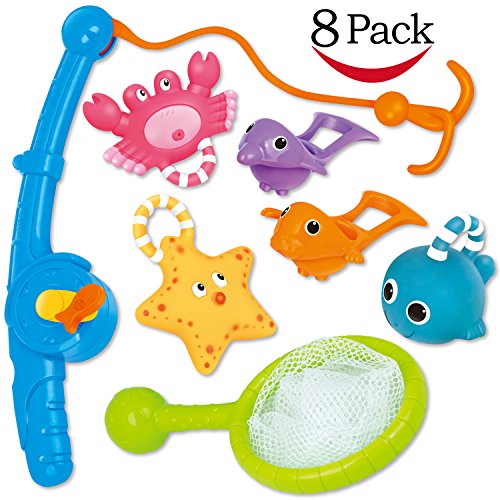 YeoNational Toys Juguetes de Baño, Juguetes de Pesca y Cuchara de Agua Flotantes con Bolsa Organizadora, Muñecos de Goma Blanditos para Apretar y Lanzar Agua Juego de Caña y Red para Bañera o Piscina