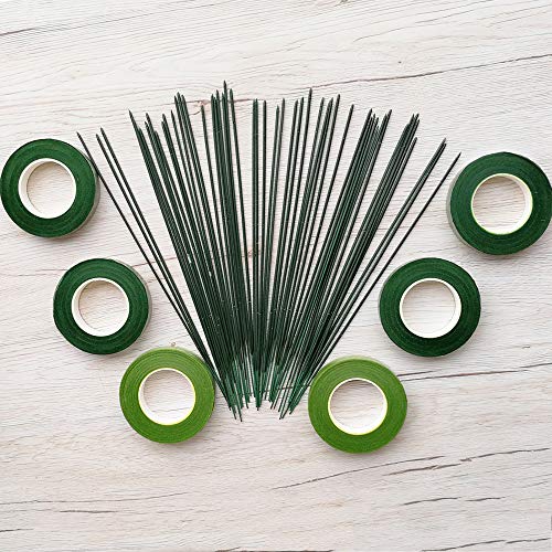 Yesallwas - Cinta adhesiva floral para tallo , 6 rollos (2 verdes poco profundos, 4 verdes profundos) con 50 piezas de alambre verde oscuro con tallo de alambre floral