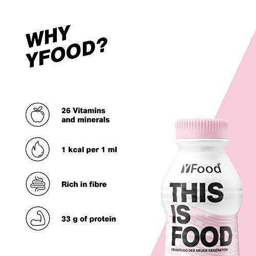 YFood Berry | Batido Sustitutivo | Sustitutivo de comida sin lactosa ni gluten | 33g de proteínas, 26 vitaminas y minerales | 25% de las calorías diarias requeridas | 12 x 500 ml (1kcal/ml)