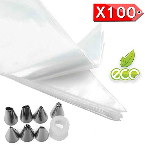 YFOX 100 Bolsas Desechables para Pasteles-Bolsas Desechables Gruesas para decoración de Pasteles y 8 boquillas Grosor 0.08 mm