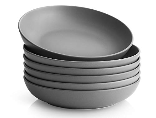 YHY - Juego de cuencos para pasta de porcelana, 22 cm, ensalada, cuencos de sopa, 880 ml, juego de cuencos para servir en casa y restaurante, ancho y plano, juego de 6, gris mate