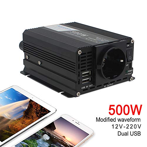 Yinleader 500W Inversor de Corriente, DC 12V, 220V-240V AC Salida, Dual Puertos USB 5V/2.4A