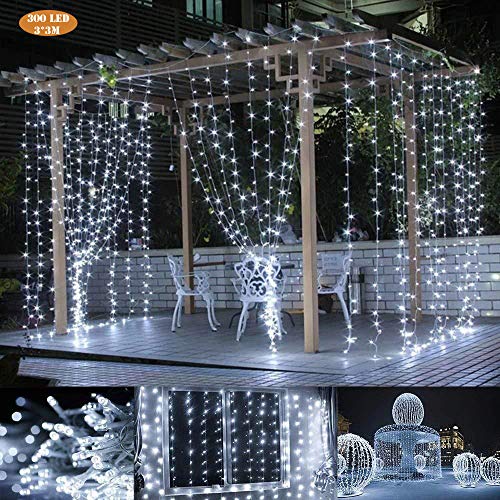 Yinuo Candle Luces de cortina, Cadenas de luces 3x3m 300 LED, Guirnaldas luminosas impermeables IP44 con 8 modos intermitentes, Decoración interior/exterior para fiesta Boda de Navidad