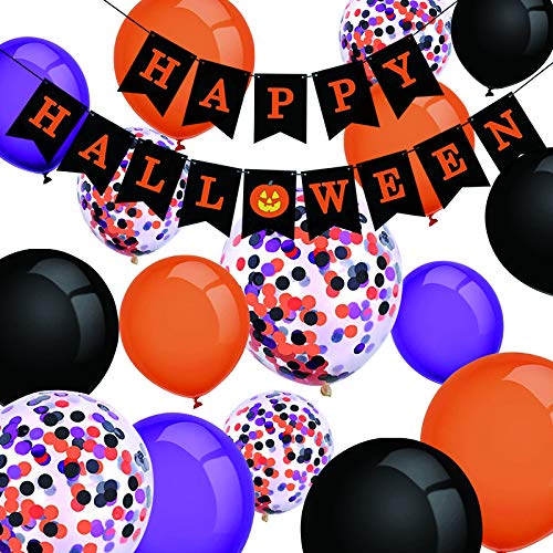 Yisscen Globos de Halloween de 12 Pulgadas, Globos de Fiesta de Halloween, Globos de Helio, Globos de látex de Confeti Negro, Naranja y Morado para decoración de Fiesta de Halloween (80 Piezas)