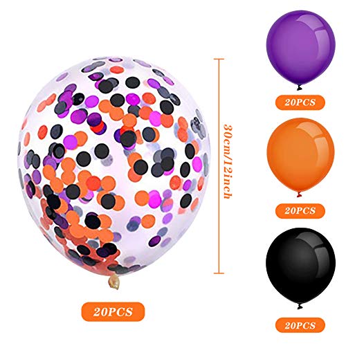 Yisscen Globos de Halloween de 12 Pulgadas, Globos de Fiesta de Halloween, Globos de Helio, Globos de látex de Confeti Negro, Naranja y Morado para decoración de Fiesta de Halloween (80 Piezas)