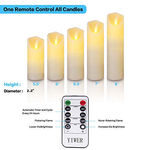 YIWER LED Velas sin Llama Φ 2.2 x H 5.5 "6"6.5"7"8"Juego de 5 Pilas de Cera Real no de plástico 10 Teclas con 2/4/6/8 Horas Función del Temporizador 300 Horas (5x1, Marfil)