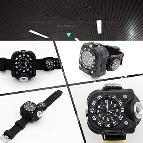 Yiyu 3 en 1 Super Brillante LED del Reloj de la antorcha Impermeable Recargable Linterna con Las Luces del Reloj del compás táctico Linternas Deportes al Aire Libre de los Hombres x (Color : Black)