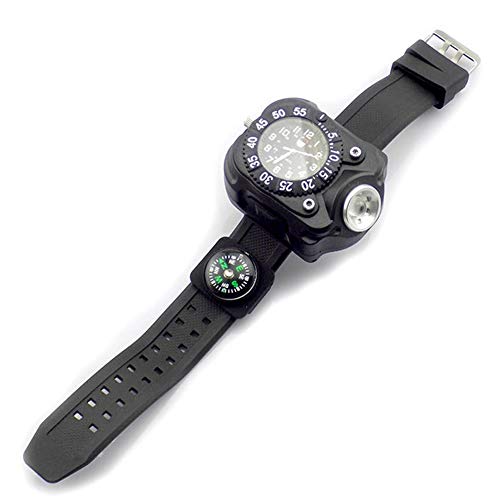 Yiyu 3 en 1 Super Brillante LED del Reloj de la antorcha Impermeable Recargable Linterna con Las Luces del Reloj del compás táctico Linternas Deportes al Aire Libre de los Hombres x (Color : Black)