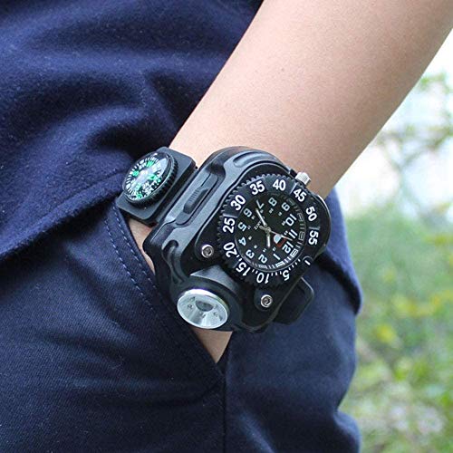 Yiyu 3 en 1 Super Brillante LED del Reloj de la antorcha Impermeable Recargable Linterna con Las Luces del Reloj del compás táctico Linternas Deportes al Aire Libre de los Hombres x (Color : Black)