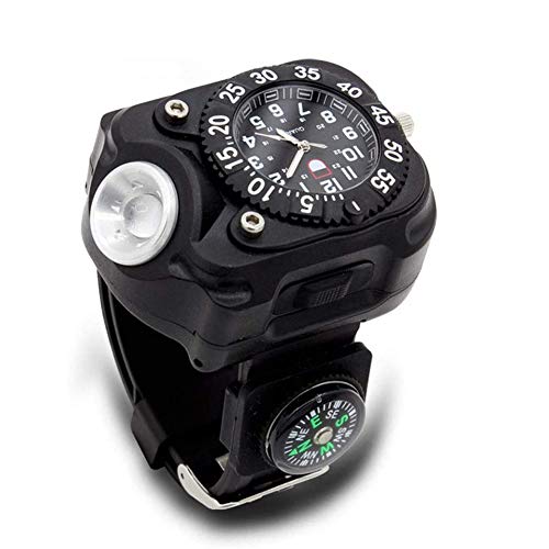 Yiyu 3 en 1 Super Brillante LED del Reloj de la antorcha Impermeable Recargable Linterna con Las Luces del Reloj del compás táctico Linternas Deportes al Aire Libre de los Hombres x (Color : Black)