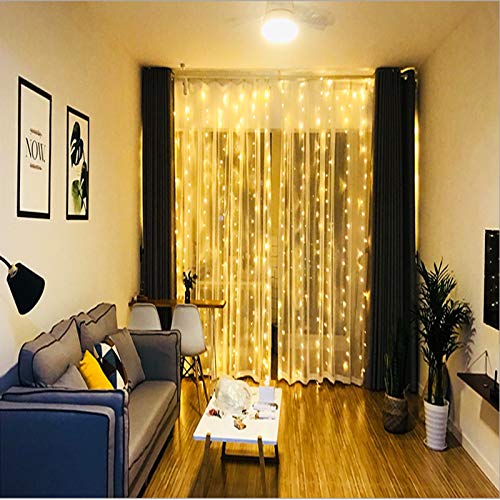 Yizhet Luces de Cadena de Cortina, 3x3m 300 Cortina Luces LED Luz de Cortina USB con Mando a Distancia 8 Modos de Luz, Resistente al aguapara para Decoración Ventana,Navidad,Fiestas (Blanca Cálida)