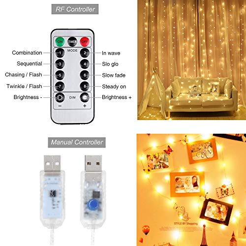 Yizhet Luces de Cadena de Cortina, 3x3m 300 Cortina Luces LED Luz de Cortina USB con Mando a Distancia 8 Modos de Luz, Resistente al aguapara para Decoración Ventana,Navidad,Fiestas (Blanca Cálida)