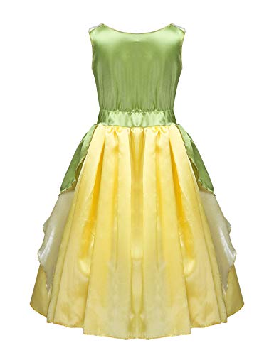 YiZYiF Vestido Princesa Disfraz Princesa Medieval Niñas Cosplay Princesa Tiana y Rana Traje Lujoso Fantasía Navidad Cumpleaños Fiesta 5-10 Años Verde y Amarillo 7-8 Años