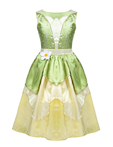 YiZYiF Vestido Princesa Disfraz Princesa Medieval Niñas Cosplay Princesa Tiana y Rana Traje Lujoso Fantasía Navidad Cumpleaños Fiesta 5-10 Años Verde y Amarillo 7-8 Años