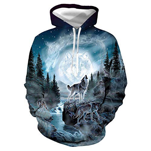 YJWSPD Hombre Sudaderas Suéter de Colorido Sudadera con Capucha CráneoLobo impresión Digital 3D Suelta-2_S