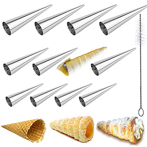 Ylinwtech 13 Piezas Moldes de Acero Inoxidable,Croissant Hornear Molde de Pan Espiral,Acero Inoxidable con Forma de Cono,para Hacer Pan,Sándwiches de Queso,Hojaldre(12 Piezas Moldes+1 Piezas Cepillo)