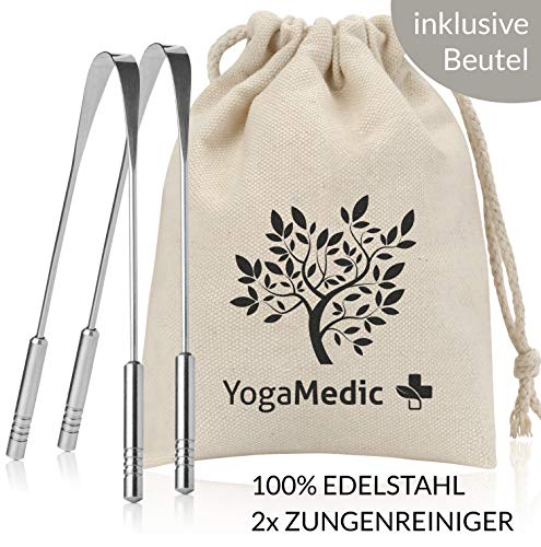 YogaMedic Limpiador de Lengua [2x] - 100% acero inoxidable, naturalmente Anti-Microbiano para combatir el mal aliento - raspador de lengua - tongue scraper