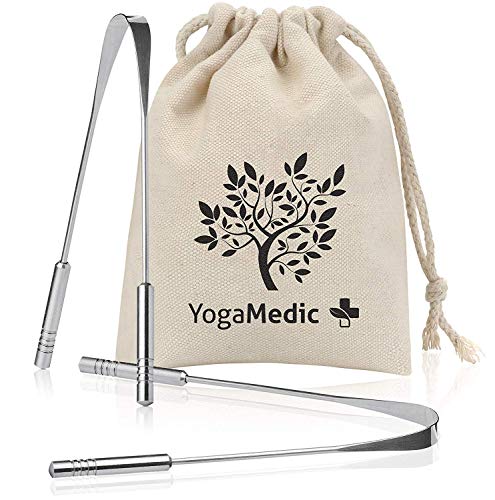 YogaMedic Limpiador de Lengua [2x] - 100% acero inoxidable, naturalmente Anti-Microbiano para combatir el mal aliento - raspador de lengua - tongue scraper