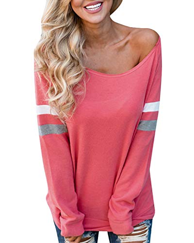 YOINS Camiseta de Manga Larga para Mujer Camisas con Rayas Cuello Redondo Casual Blusas Elegante Tops Rojo-01 S