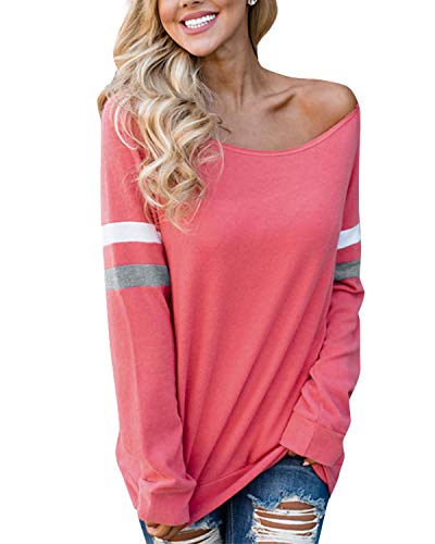 YOINS Camiseta de Manga Larga para Mujer Camisas con Rayas Cuello Redondo Casual Blusas Elegante Tops Rojo-01 S