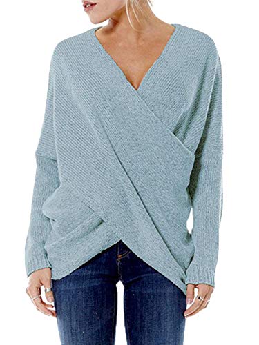 YOINS Jersey Punto Mujer Invierno Suéter Cuello en V Jerséis Manga Larga Camiseta Basico Suelto Cruzado Jerseys Camisa Tops Pull-Over Suéter Mujer Primavera Otoño Cielo Azul-Nuevo XXL