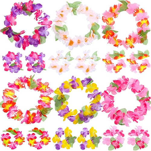 Yojoloin 24 Piezas Hawaianas Leis Luau Flores con 12 Pulseras 6 Diademas y 6 Collares para Luau Hawaiian Party Decoraciones Suministros Photo Booth Props.